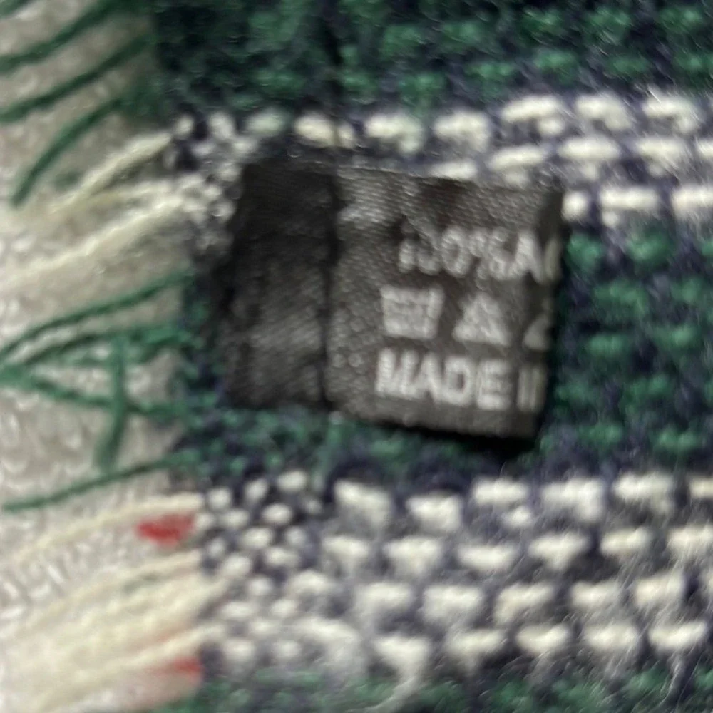 Tartan Plaid Blanket Scarf Unisex OS Navy Green Red Frayed Square Cozy Preppy